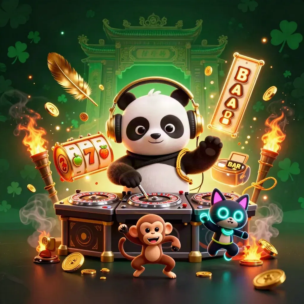 DJ panda, breakdancing monkey, and glow-stick kitten in a neon casino scene.