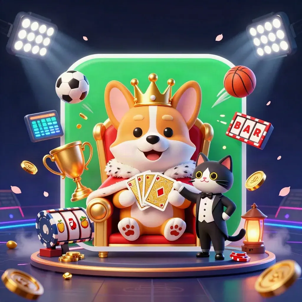 Royal corgi king and cat butler amid casino lights, sports balls, coins, and slot reels.