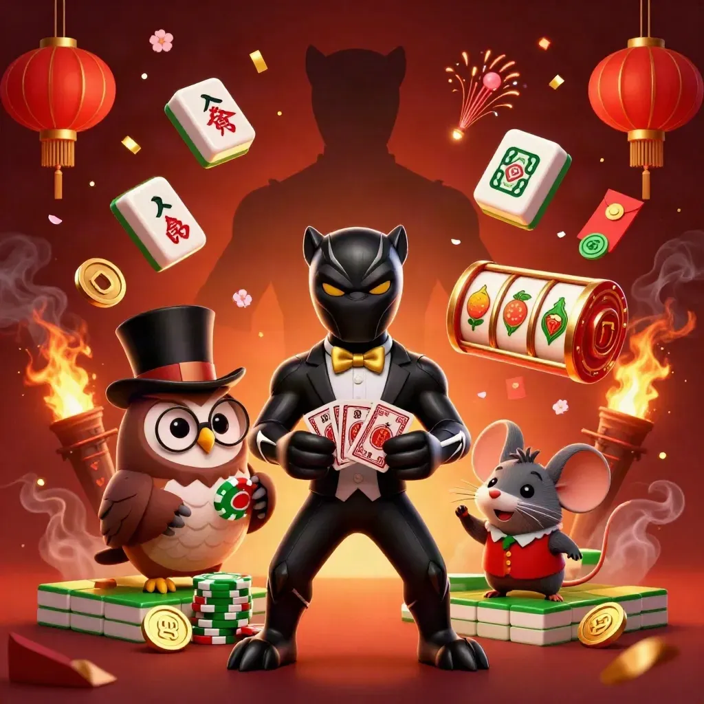 Three casino animals deal cards amid reels, coins, lanterns, and ember-lit neon glam.