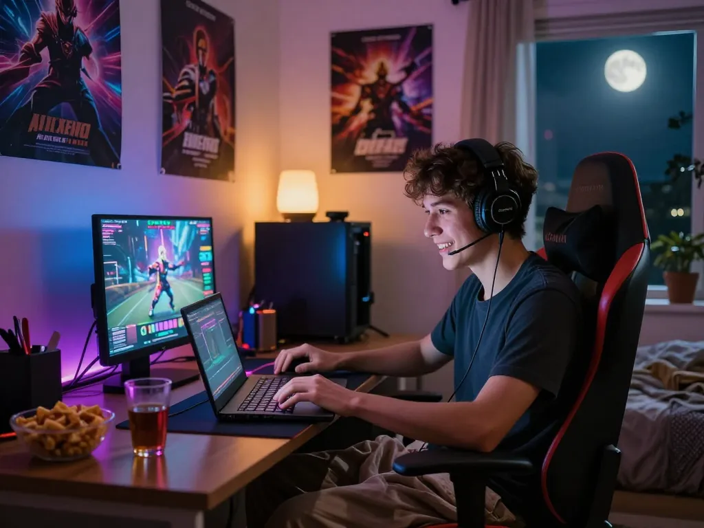 Engaged gamer enjoying interactive game sex experience on a laptop in cozy room.