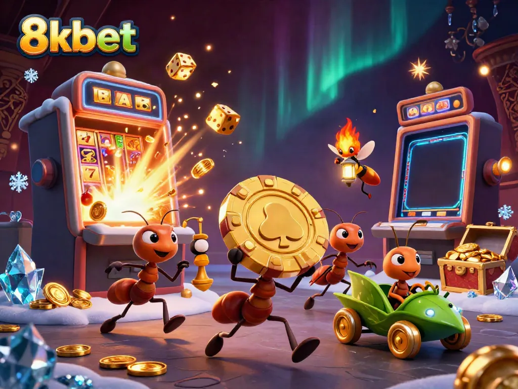 Join the action at 8kbet with a cartoon heist scene featuring ants stealing a colossal poker chip!