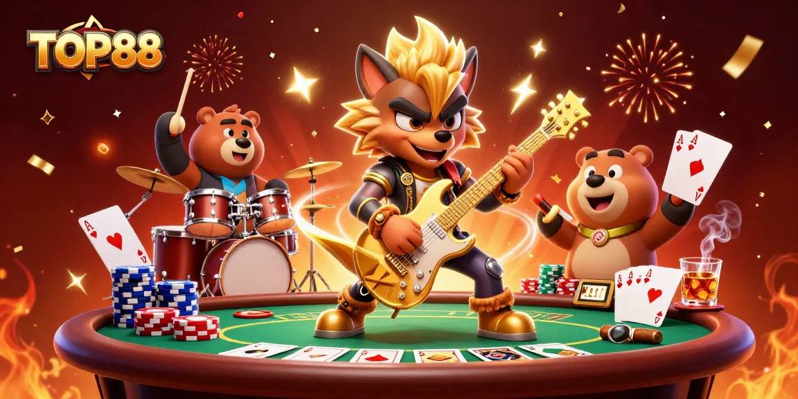 TOP88 showcases vibrant casino action with a rock star wolf playing guitar amidst poker excitement.