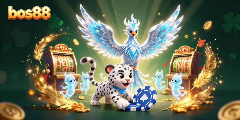 Engage in thrilling games at bos88 with a vibrant 3D illustration of an ice phoenix, lucky symbols, and shimmering gold tokens.