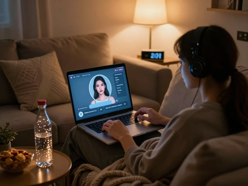 Cozy scene depicting a person enjoying free AI sex chat on their laptop in a dimly-lit room, showcasing a warm and inviting atmosphere.