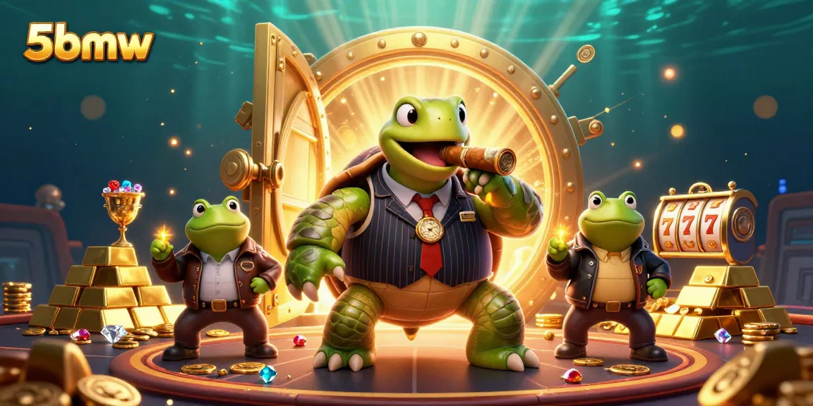 Engage with thrilling 5bmw casino adventures featuring a snapping turtle and bullfrog enforcers amidst slot reels and treasures.