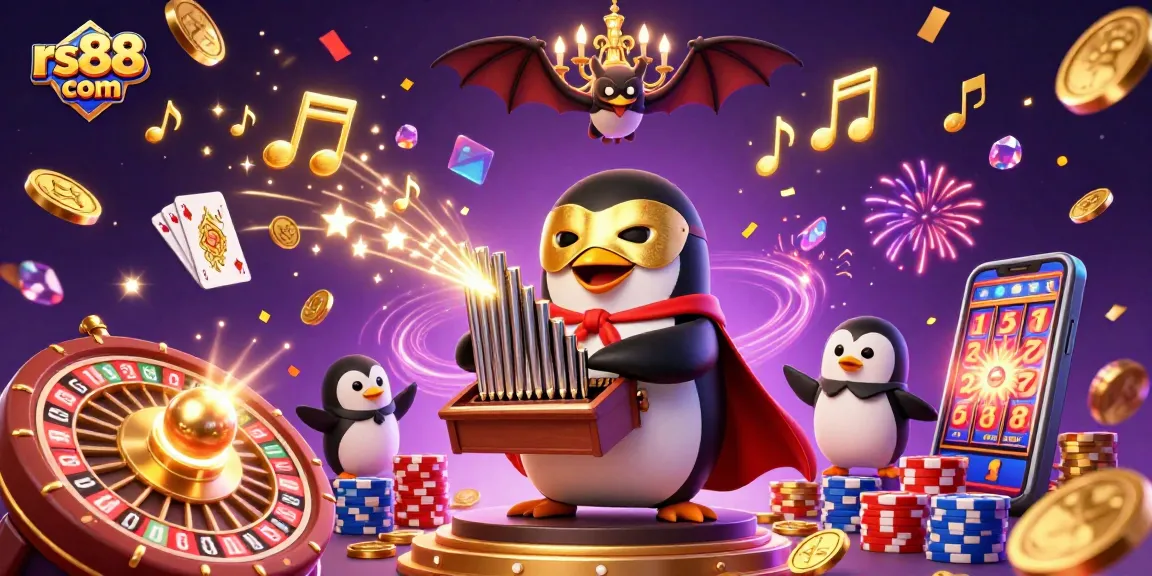 Experience thrilling gameplay with rs88 com, featuring a whimsical penguin and golden coins cascading in a vibrant casino scene.