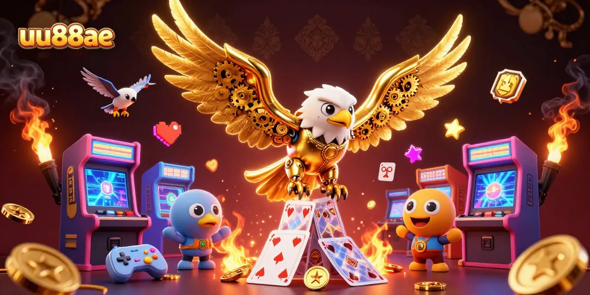 Engage with dynamic gaming as the cybernetic golden eagle dives through holographic cards at uu88ae.