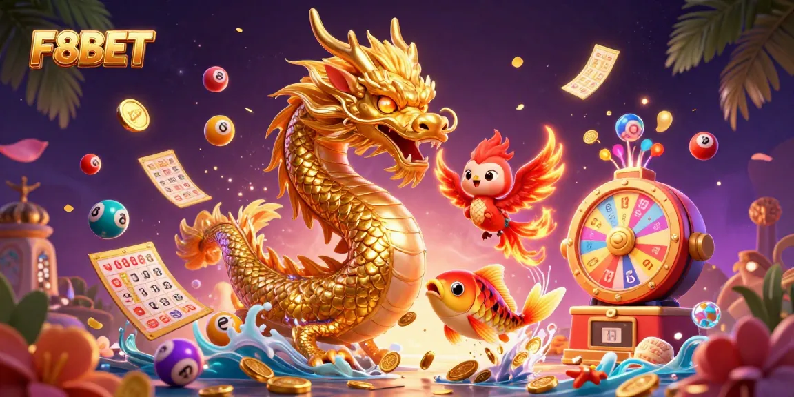 Win big with F8BET in a vibrant 3D casino scene featuring lucky elements.