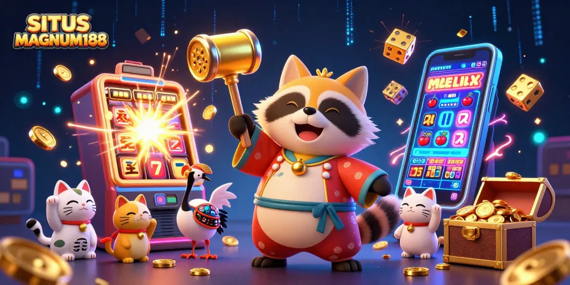 SITUS MAGNUM188 animated scene showcasing a cheerful tanuki and friends celebrating casino wins with slot machines and colorful games