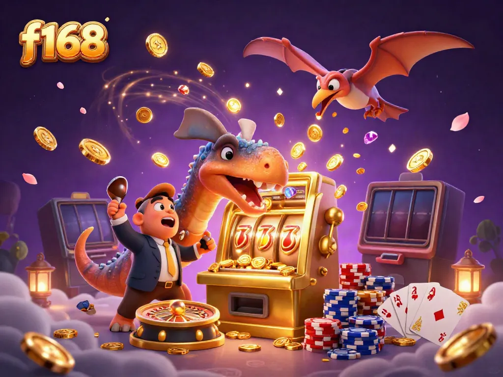 Experience the excitement at f168 with cartoon dinosaurs celebrating a jackpot win at a slot machine.