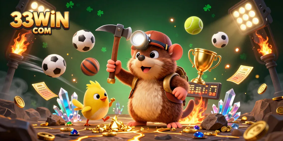 Engage in thrilling adventures with 33WIN COM's animated treasure hunter in a dynamic casino background.