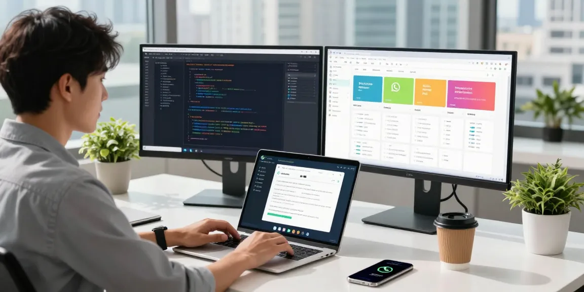 Professional using WhatsApp網頁版 on a laptop in a modern workspace filled with dual monitors, plants, and vibrant city views.