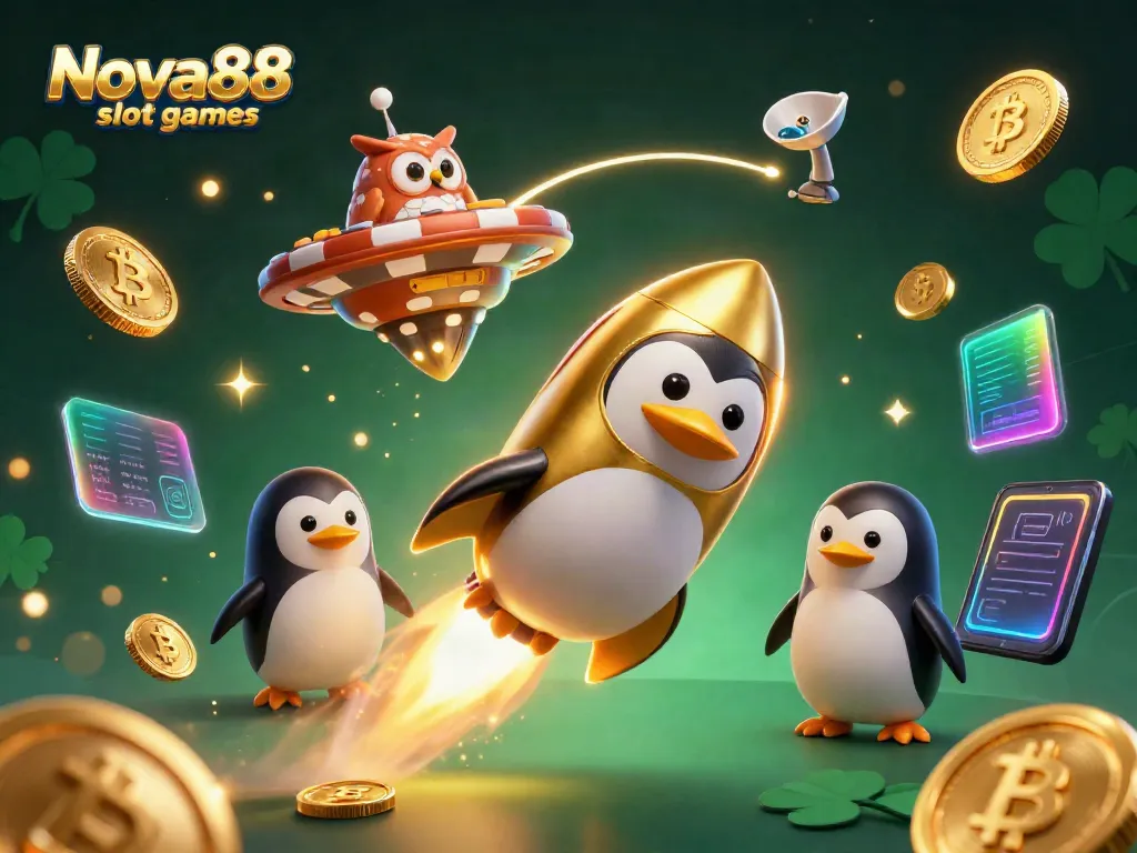 Experience the excitement of Nova88 slot games with a dynamic 3D scene featuring golden penguins and casino visuals.
