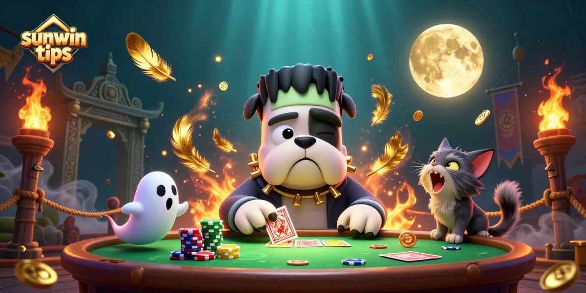 Play cards and win with sunwin tips in this vibrant 3D casino scene featuring unique characters.