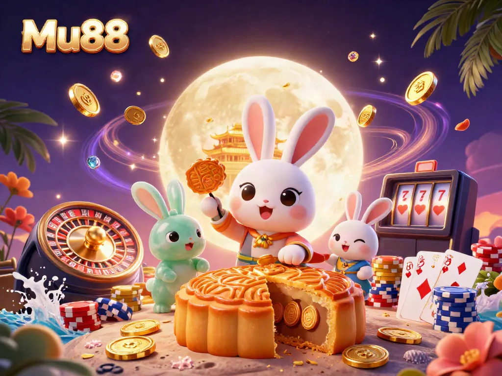 Experience casino excitement with Mu88's 3D visuals featuring moon rabbits and poker chips.