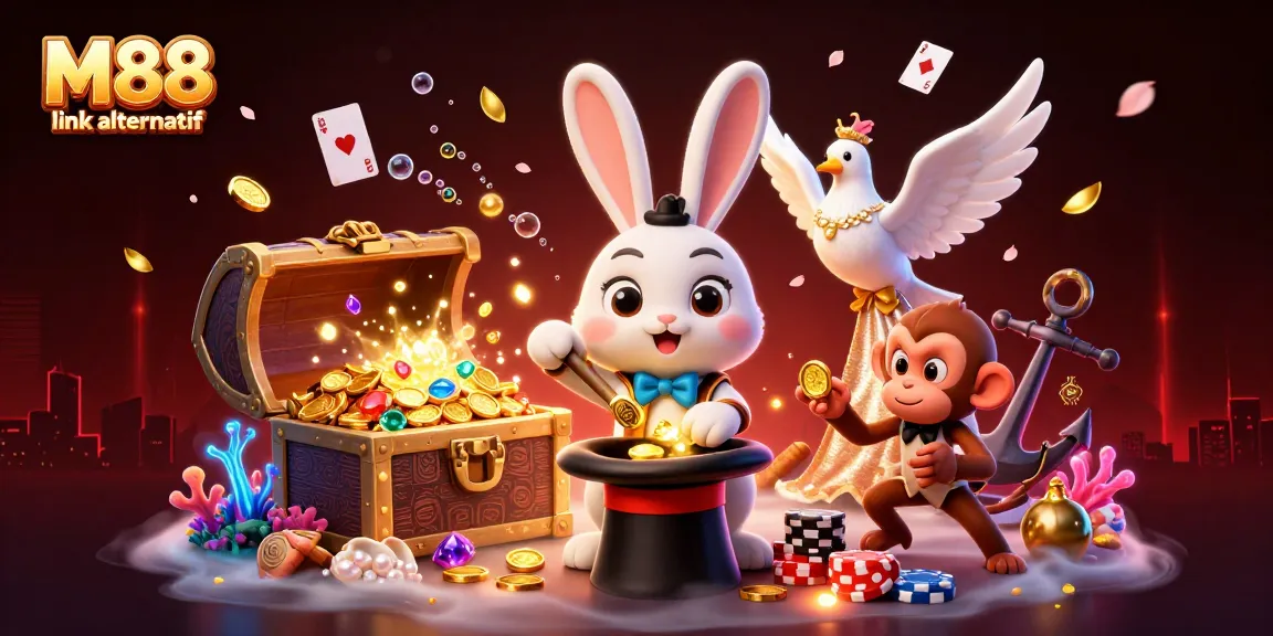 Play and win with M88 link alternatif, showcasing vibrant casino elements and action-packed characters.