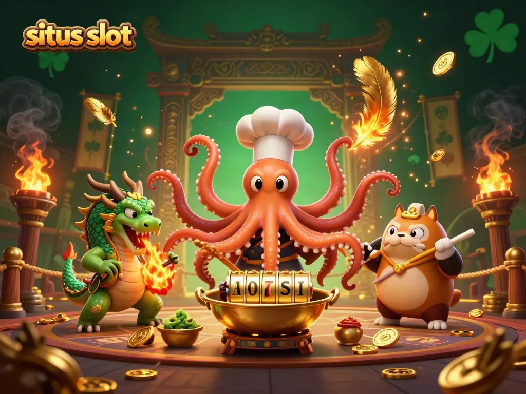 Experience the excitement of situs slot with a dynamic 3D scene featuring an octopus chef and dragon.