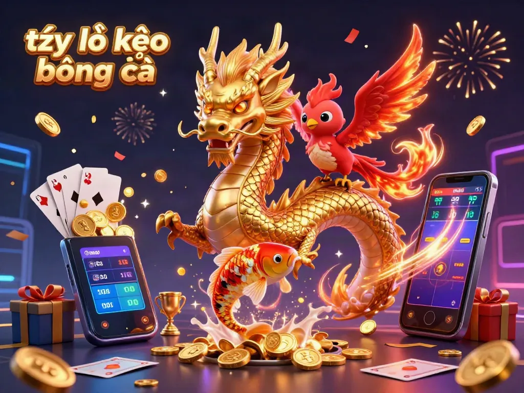 Experience the dynamic world of tỷ lệ kèo bóng đá with a dragon, phoenix, and koi in a vibrant betting scene.