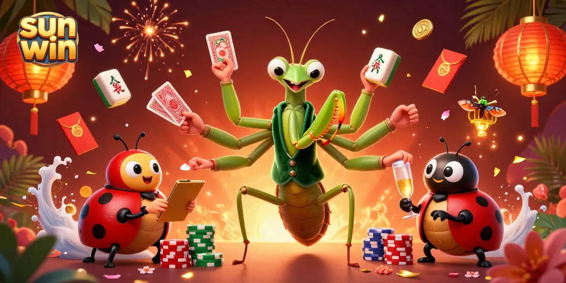 Engage in thrilling play with sun win at a vibrant casino scene featuring characters and festive decorations.
