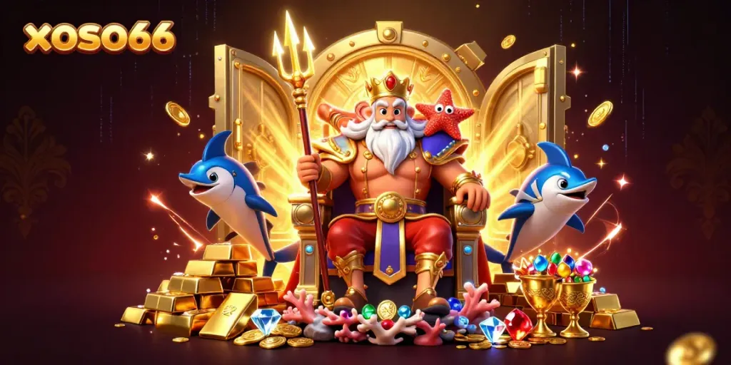 Experience thrilling gaming at xoso66 with an exciting 3D ocean-themed illustration featuring Neptune and treasure.