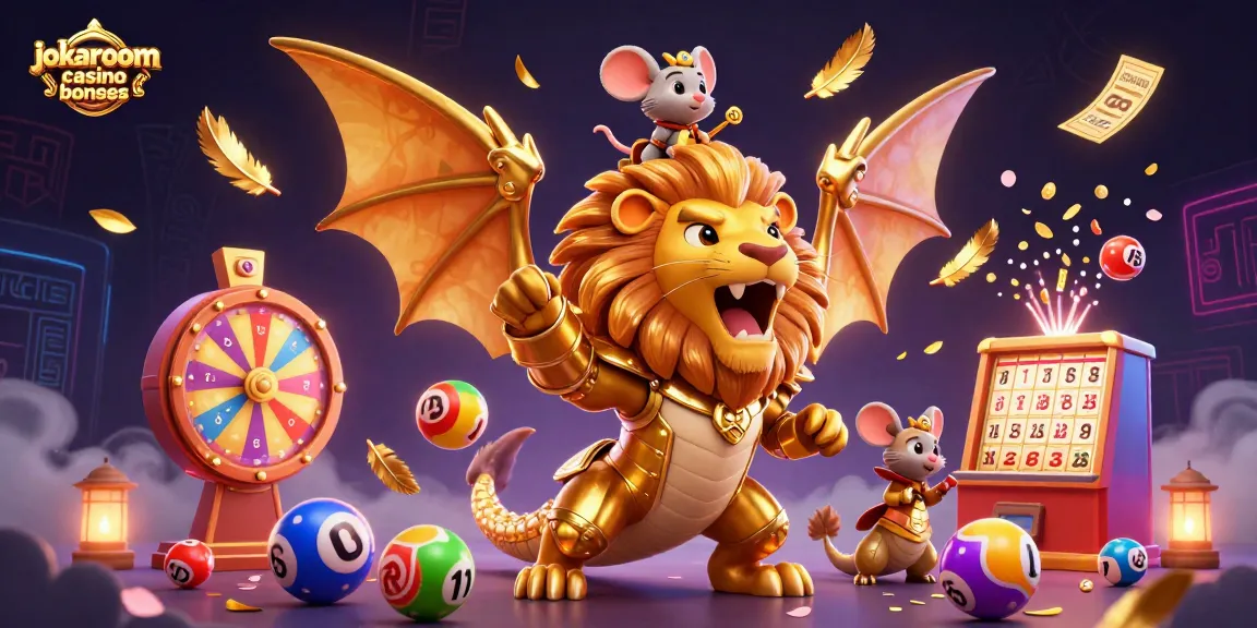 Dynamic scene showcasing jokaroom casino bonuses with a golden armored chimera and mouse jockey amid vibrant lottery elements.