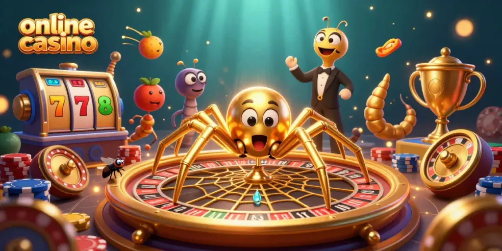 Engaging 3D illustration showcasing an online casino theme with a roulette wheel web and vibrant game elements.