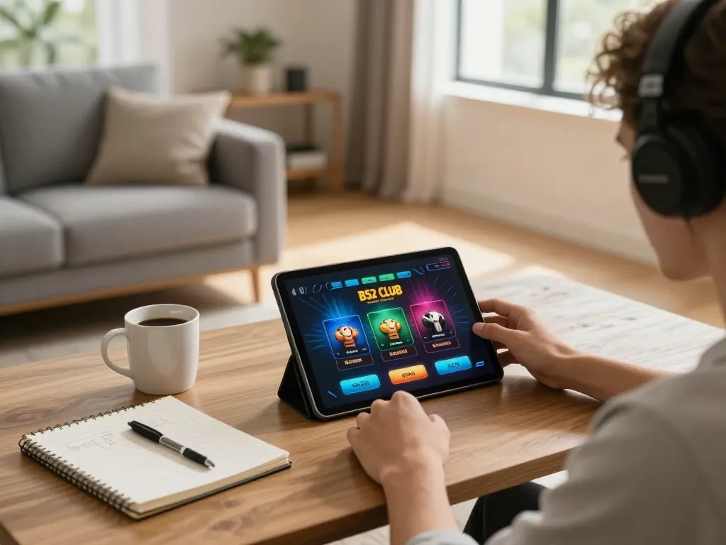 b52 club player engaging with online gaming setup in a cozy home environment