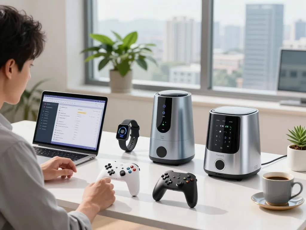Professional testing must-have tech gadgets in a bright modern workspace, showcasing Bluetooth devices.