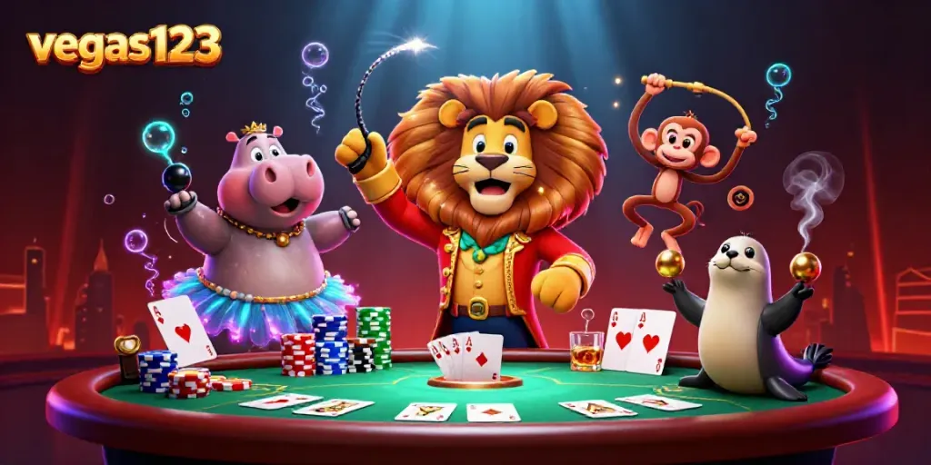 Gambar ilustrasi 3D vegas123 menampilkan karakter kasino dengan elemen kartu poker yang berwarna-warni.