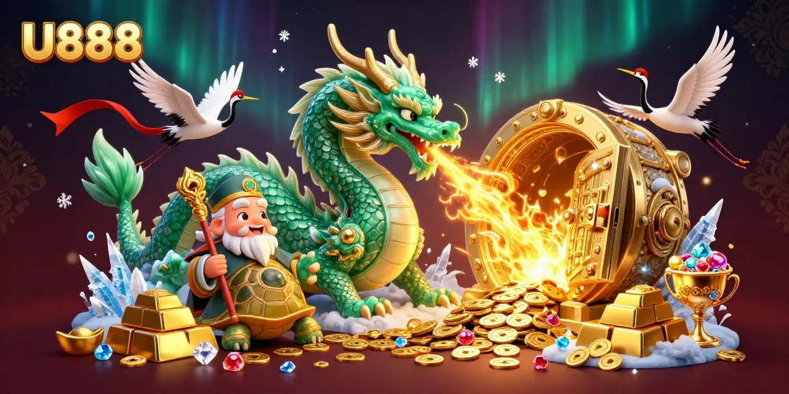 U888's vibrant illustration captures exciting gaming elements, including a jade dragon, golden treasures, and lucky cranes.