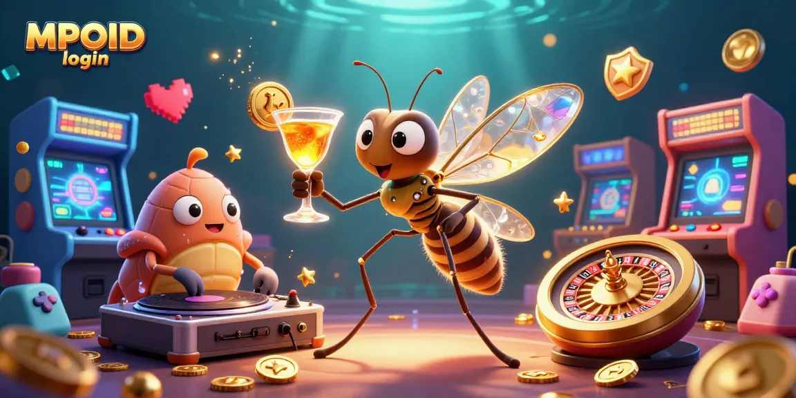 MPOID login graphic showcasing a whimsical casino scene with a frozen mosquito mascot, a trilobite DJ, and an ammonite roulette wheel.