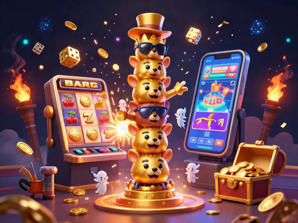 IWIN showcases a vibrant casino scene with a golden totem pole, slot machine jackpot, and colorful game elements in a rich illustration.