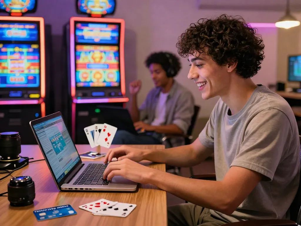 Cheerful player enjoying Amex casinos with laptop and cards in vibrant home casino setup.