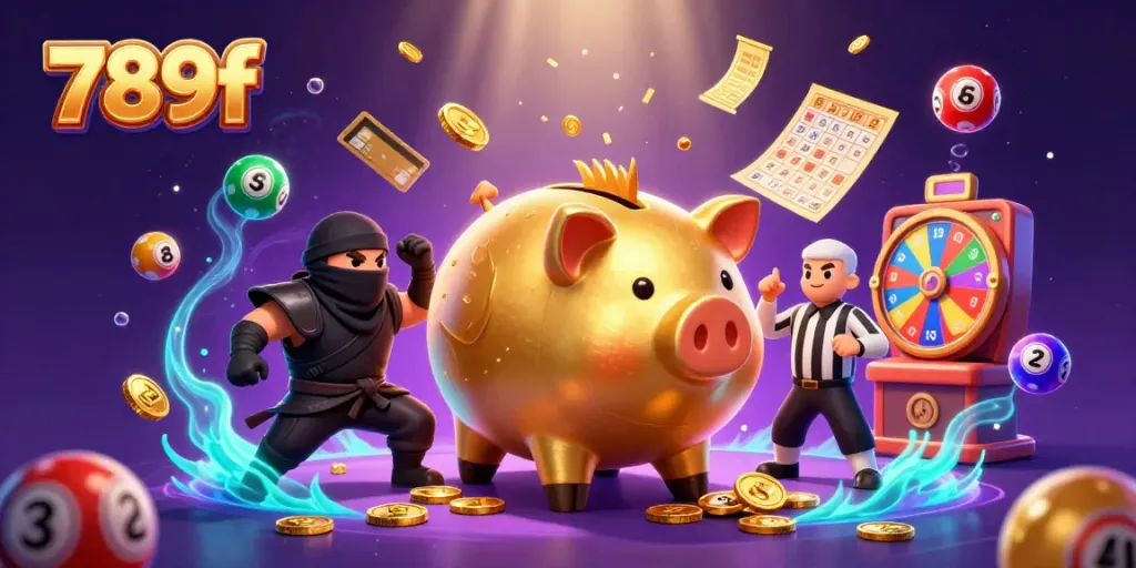 Engage with the vibrant 789f casino scene featuring a golden piggy bank sumo wrestler and dynamic gaming elements.