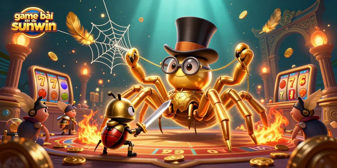 Engaging scene with game bài đổi thưởng sunwin featuring a golden tarantula and beetle knight amidst dynamic casino elements.