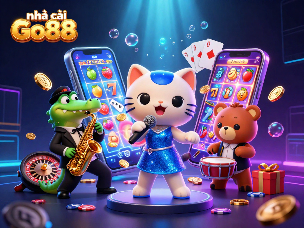 Engage players with nhà cái Go88 through vibrant 3D casino illustration featuring lively characters and games.
