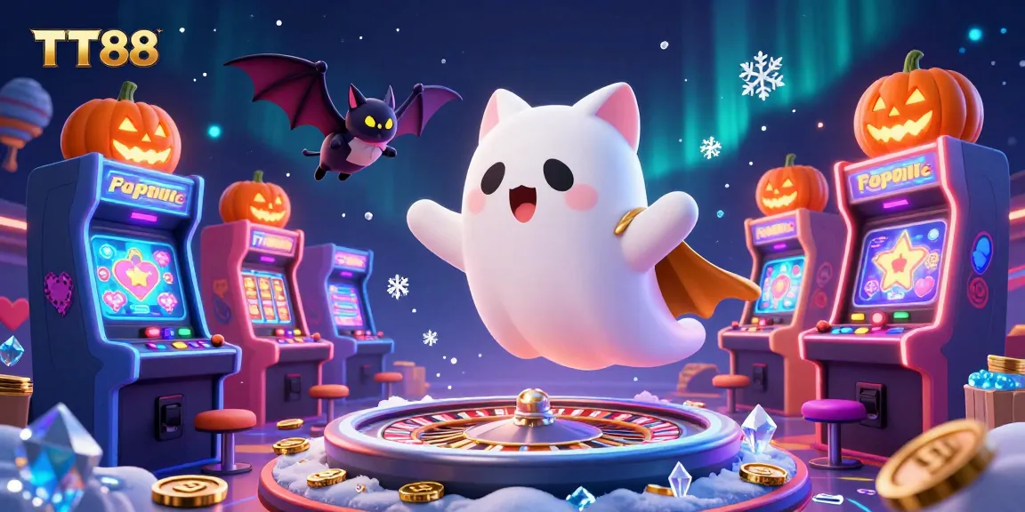 Engage with TT88's thrilling gaming experience in a dynamic casino scene with ghostly characters.