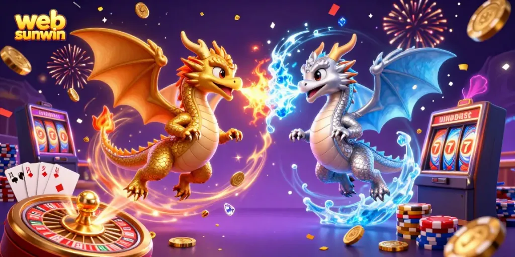 Experience the thrill with web sunwin at this dynamic casino scene featuring dragons and gaming elements.