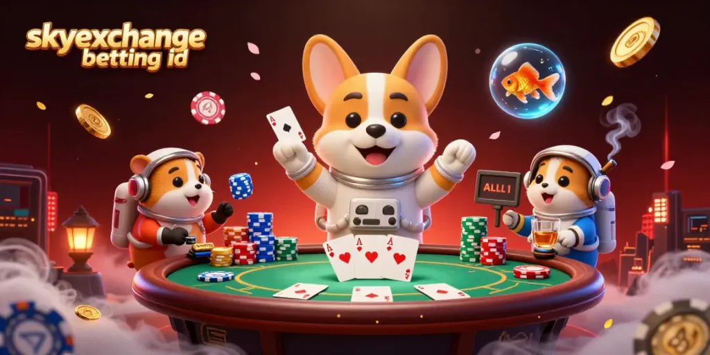 Engage with the skyexchange betting id in a vibrant casino scene, showcasing a corgi astronaut and dynamic gaming elements.