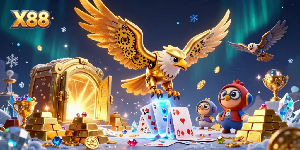 X88 offers thrilling gameplay amidst a backdrop of dynamic casino elements and treasures.