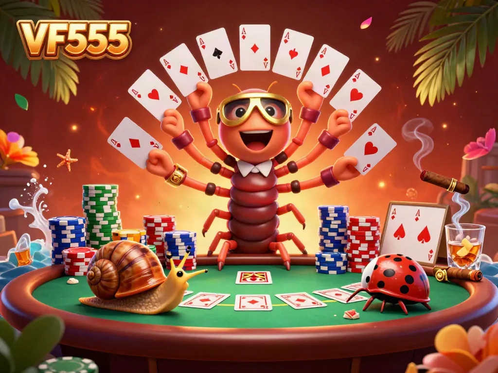 Experience the thrills of VF555 with a lively dealer and exciting poker chips in a casino setting.