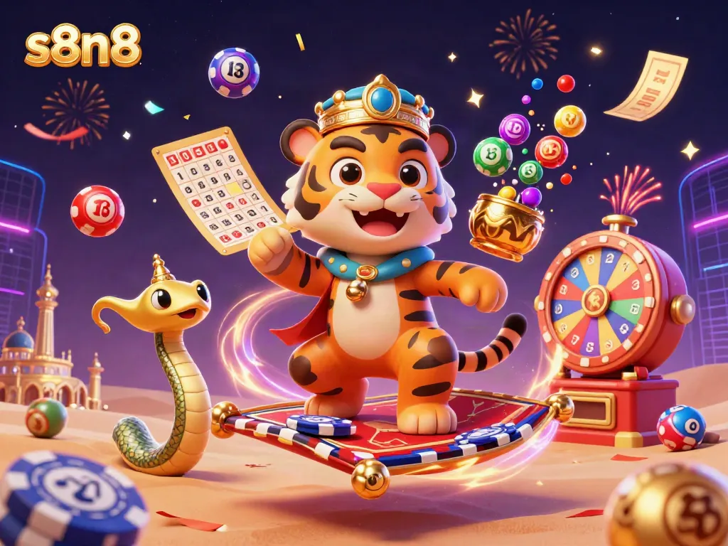 Experience the excitement of s8n8 with a vibrant 3D illustration of gambling elements and an Arabian-themed character.