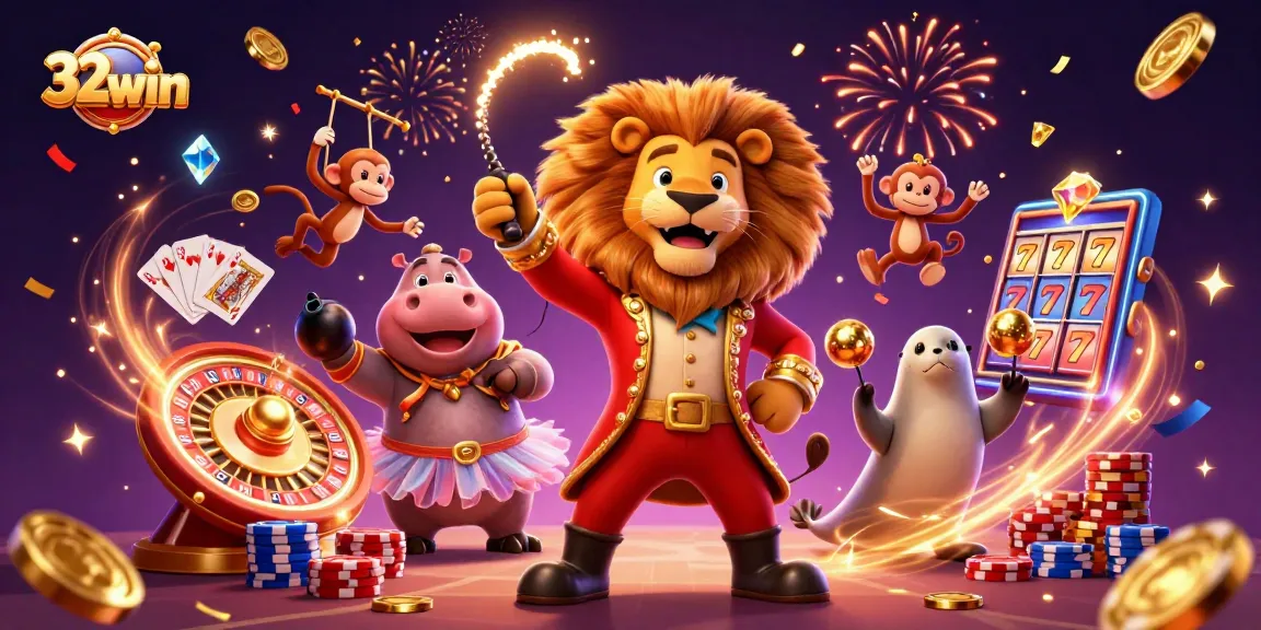 Experience the magic of 32win with a vibrant casino-themed circus illustration featuring lively characters and gaming elements.