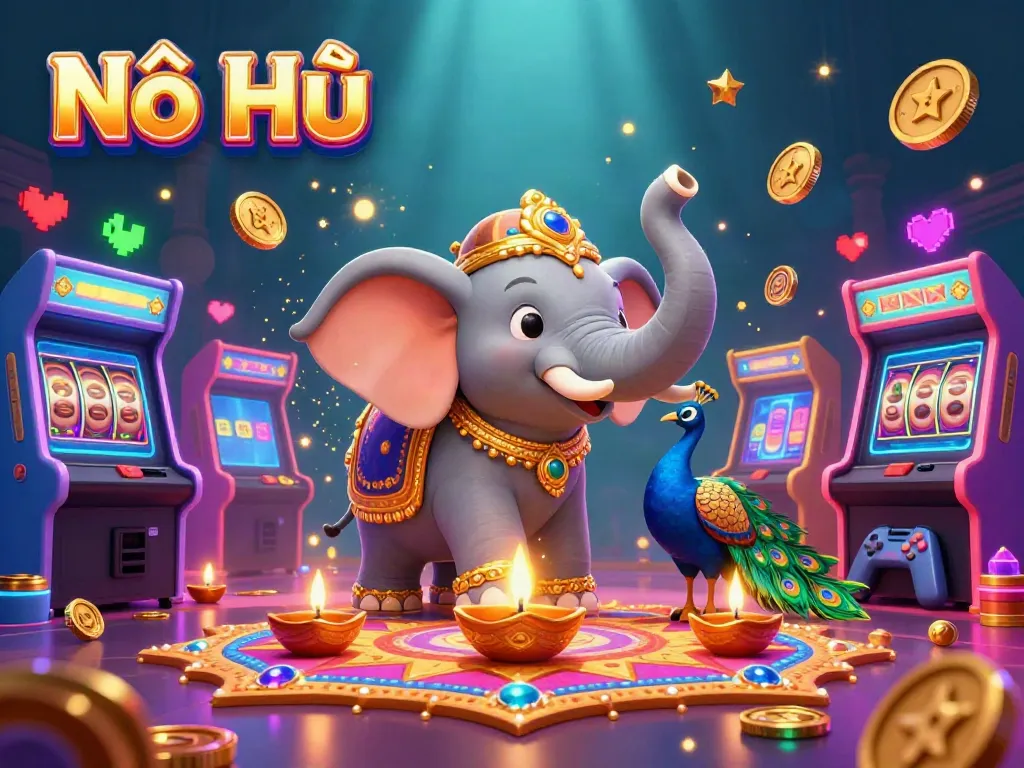 Engage in the thrilling Nổ Hũ experience, featuring vibrant 3D illustrations of gaming excitement with dynamic elements.