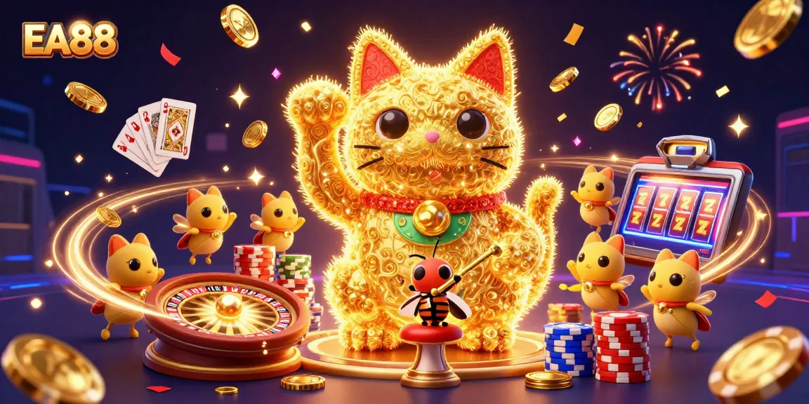Experience EA88 with a vibrant display of casino symbols and lucky icons bringing the excitement of online gaming.