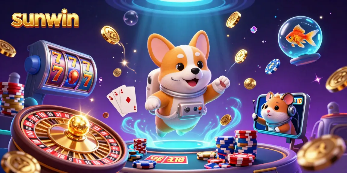 Participate in thrilling gaming with sunwin featuring a floating corgi and immersive casino elements.
