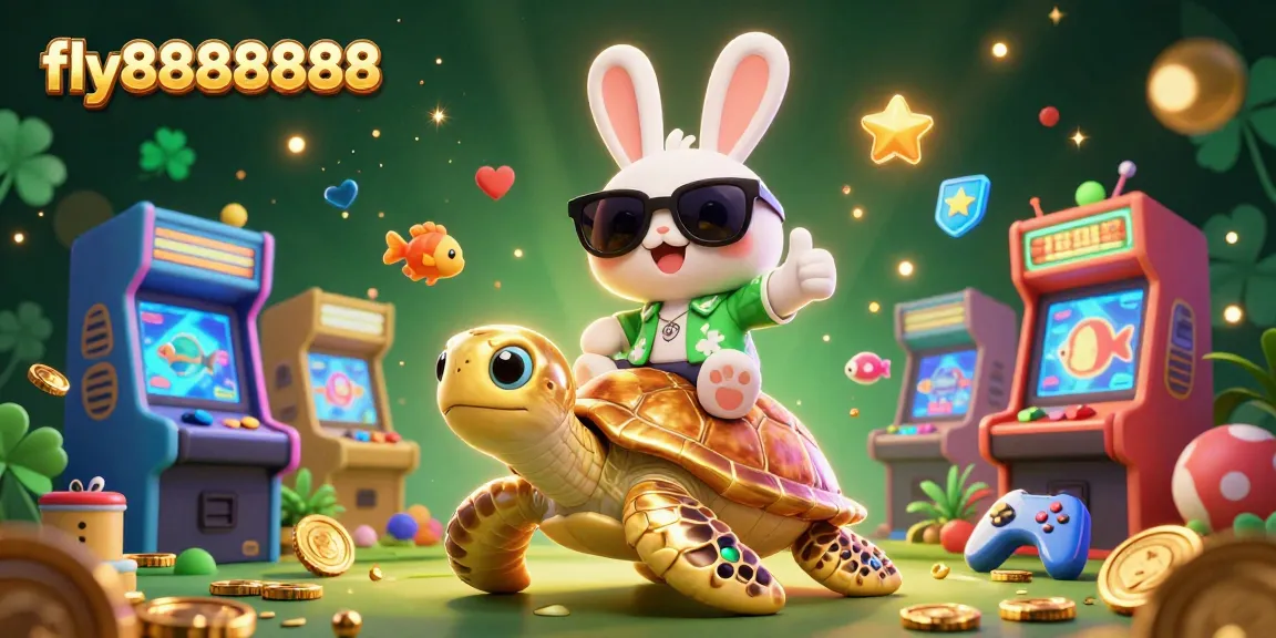 Experience gambling excitement with fly88888888 featuring a lucky rabbit and golden sea turtle in a vibrant casino scene.