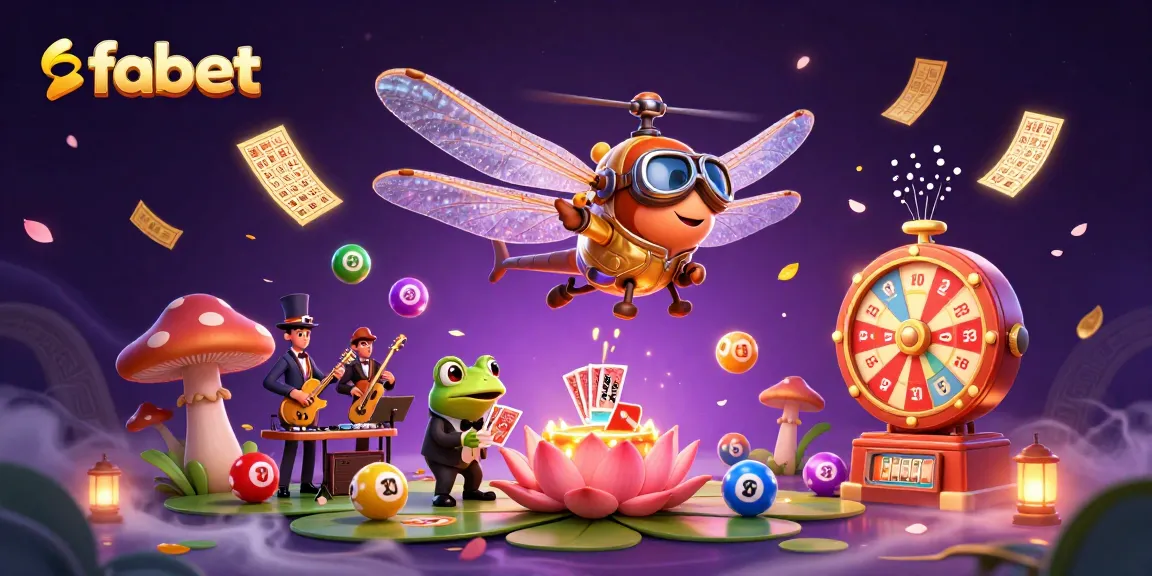 Experience fabet's thrilling games with a lively dragonfly pilot and frog dealer in this vibrant scene.