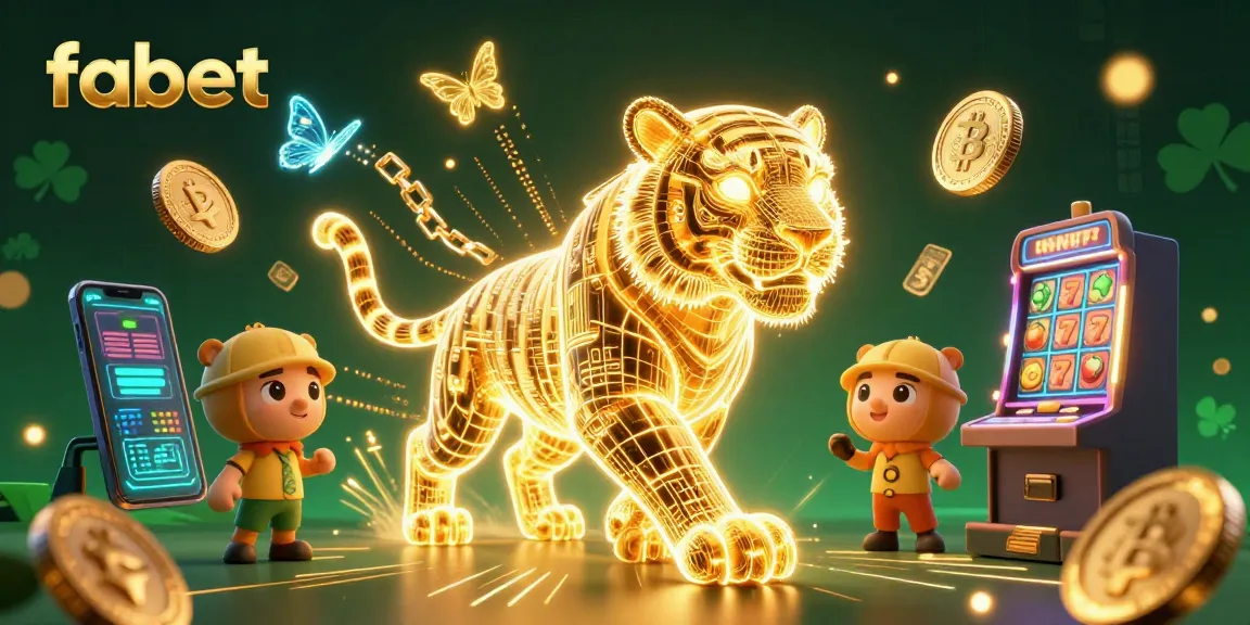 Experience the vibrant world of fabet casino with neon tiger, Bitcoin coins, and slot machines.