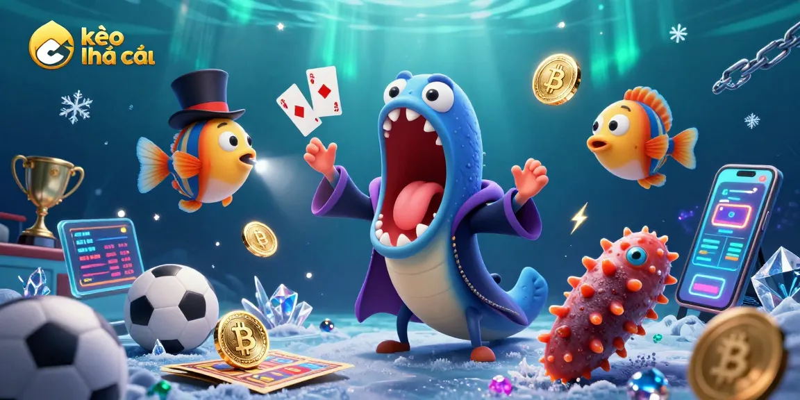 Engaging scene showcasing kèo nhà cái with a deep-sea eel magician, an anglerfish spotlight, and sports betting elements.